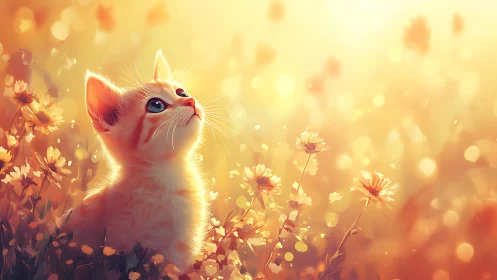 Sunlit kitten gazes up softly in a dreamy golden meadow