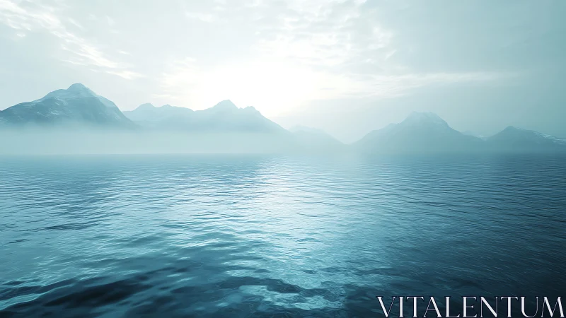 Cold misty seascape meets distant blue mountains at sunrise