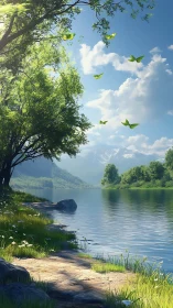 Riverside path with trees, butterflies and distant mountains.