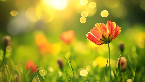 Single orange flower glows under warm morning backlight