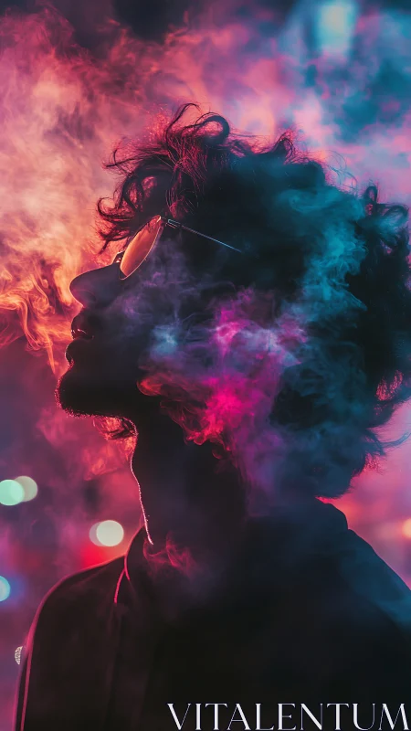 Side-profile silhouette of a person in dense colored smoke