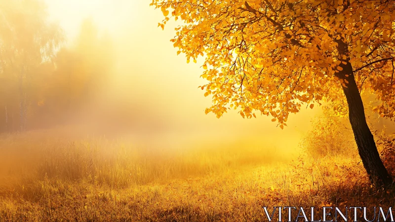 Sunlit deciduous tree over misty autumn meadow at sunrise