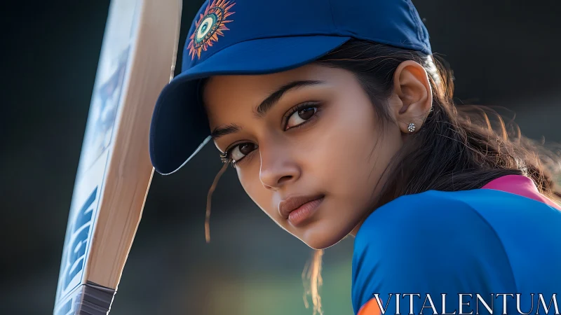 Stoic young cricketer with bat and blazing quiet focus.