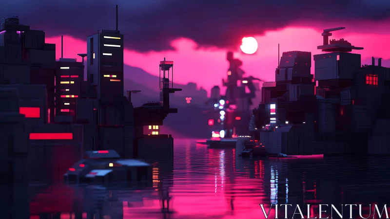 Neon voxel megacity at dusk with reflective waterfront gridscape.