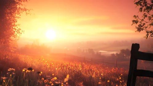 Golden rural sunrise over misty meadow and rolling hills.