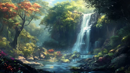 Sunlit forest waterfall invites a quiet moment of wonder