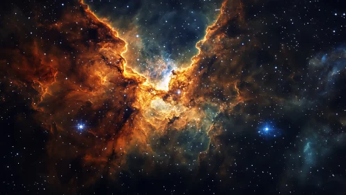 Fiery cosmic nebula glows against a star filled deep space