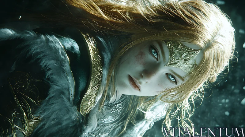 Battle-scarred fantasy queen holds calm gaze in icy light