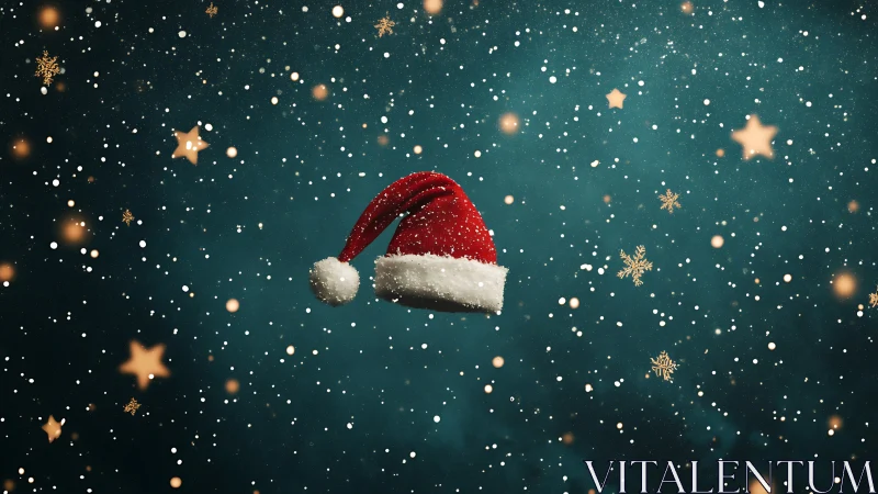 Cozy Santa hat drifting through a starry winter night.