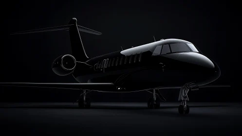 Glossy black private jet rests under dramatic low key light