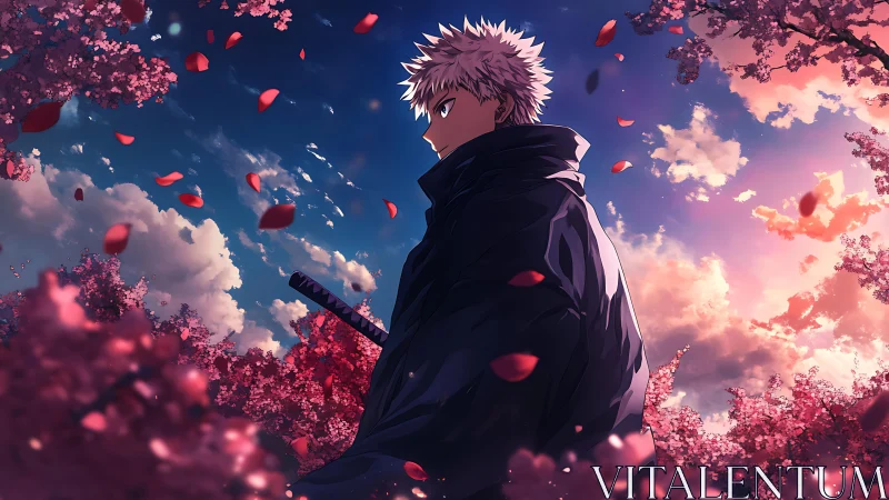 Sword-carrying figure under cherry blossoms at sunset.