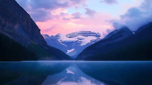 Glacial alpine lake reflects dusk-lit mountains in soft focus