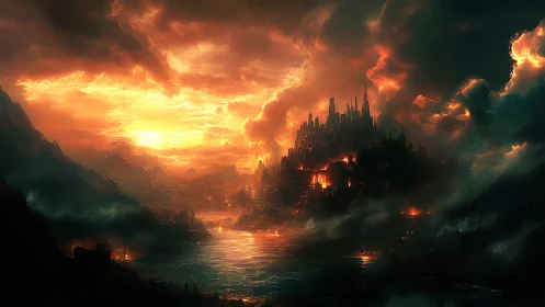 Luminous volcanic cityscape under dense storm clouds.