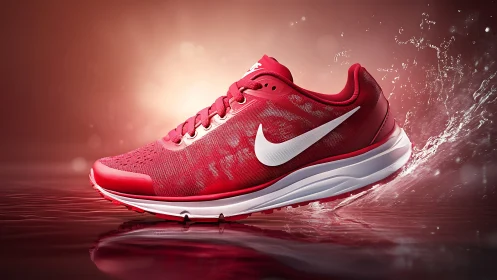 Red athletic running shoe on reflective splash surface.