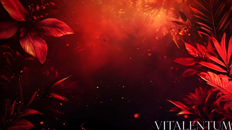 Glowing crimson jungle leaves framing a dreamy ember sky.