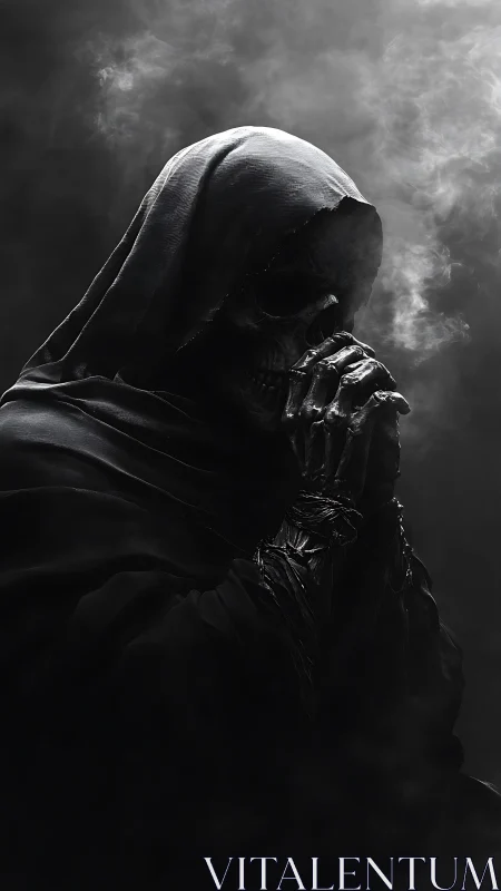 Backlit skeletal reaper in hooded cloak rendered with high contrast