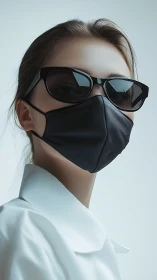 Stylish woman in mask and sunglasses exudes cool confidence.