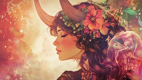 Profile illustration of horned woman with floral headpiece.