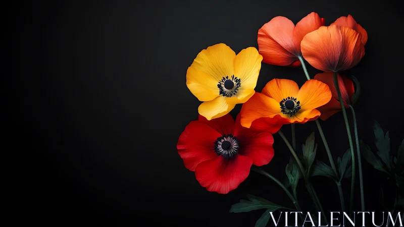 Anemone Flower Spectrum: Yellow, Orange, Red Petals Against Black Background