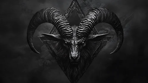 Dark horned goat head emblem on textured black background.