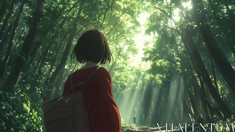 Anime forest journey with backlit path and lone wanderers.