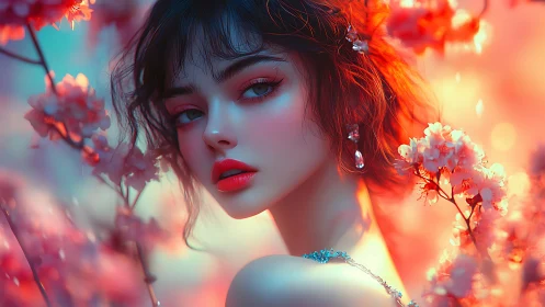 Celestial portrait amid neon blossoms and bokeh light.