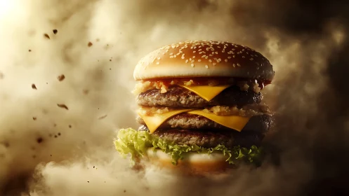 Hyper-detailed double cheeseburger in dramatic smoky backlight