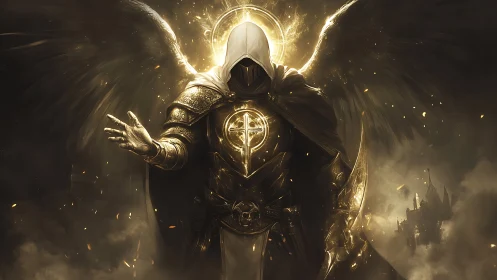 Hooded winged figure in luminous armor with haloed emblem.