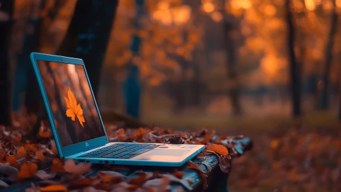 Open laptop rests on leaf covered bench in autumn park