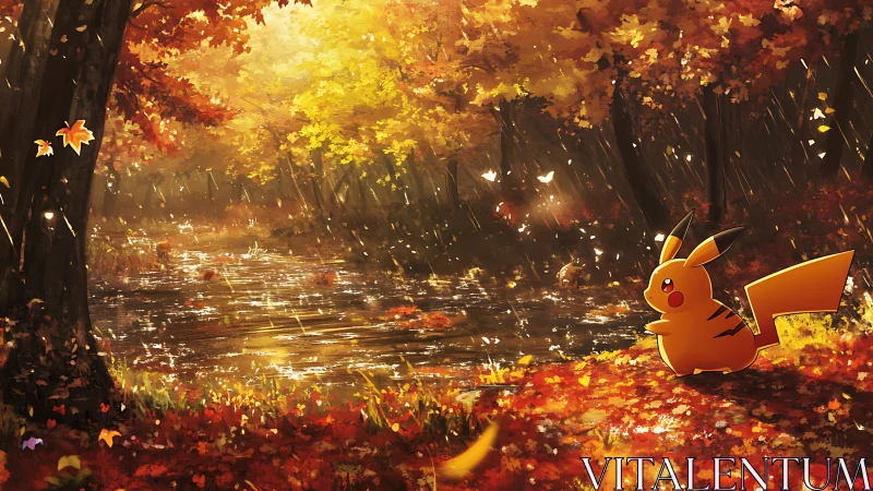Pikachu enjoying a golden autumn rain by a quiet river.