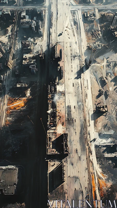 Aerial dystopian boulevard with decayed industrial blocks.
