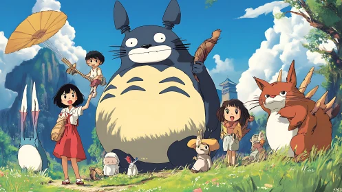 Whimsical forest spirits with children in stylized anime meadow.