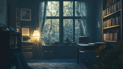 Dim home study with large window and organized shelving.