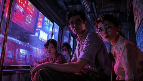 Neon tram of sleepless friends in rain-soaked midnight Hong Kong.