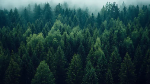 Dense coniferous forest shrouded in layered mist and fog
