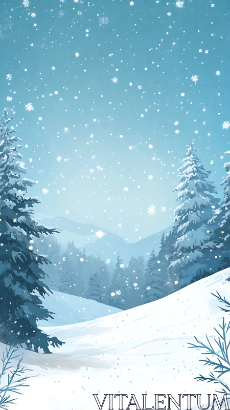 Gentle snowfall drifts over a peaceful winter forest valley