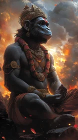 Serene monkey deity in glowing sunset meditation pose.