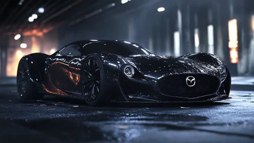 Sleek Mazda concept car glowing under moody city lights.