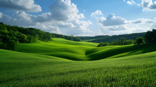 Gentle green hills roll under a bright sky of drifting clouds