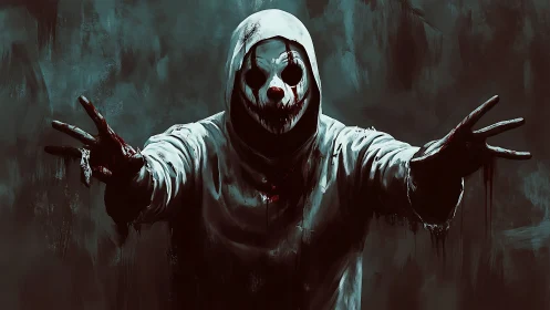 Hooded bloodstained figure lunging forward in teal gloom.