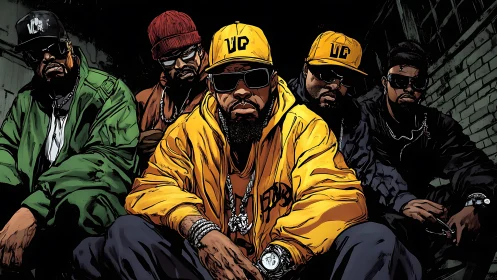 Streetlight throne squad in bold gold and shadowed grit.