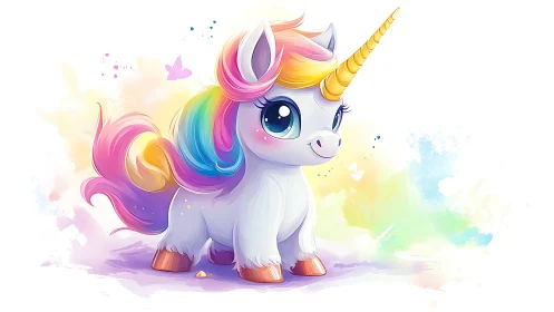 Cute rainbow baby unicorn illustration on white background.