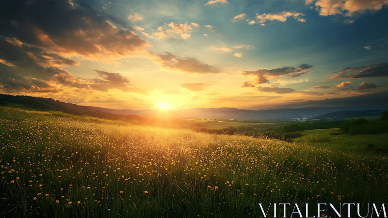 Sunlit wildflower meadow opens toward distant rolling hills.
