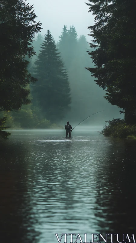 Solitary angler standing in misty forest river corridor.