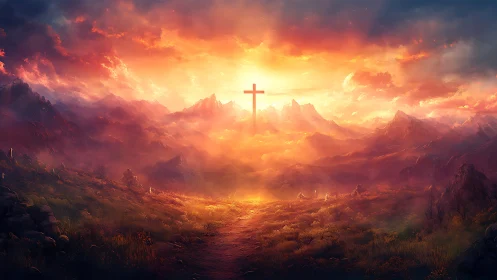 Sunrise path through misty mountains toward glowing cross.