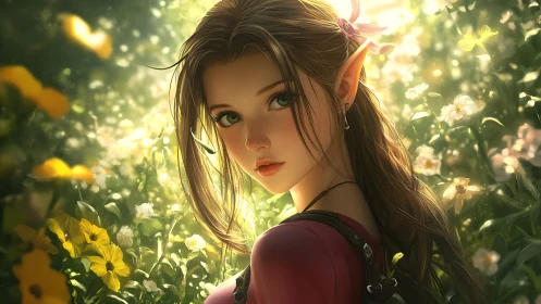 Elf maiden portrait in luminous floral meadow backlight.