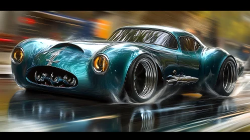Streamlined teal concept coupe racing on wet city boulevard
