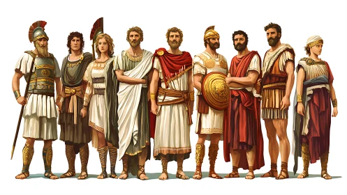 Group illustration of ancient Greek citizens and warriors.