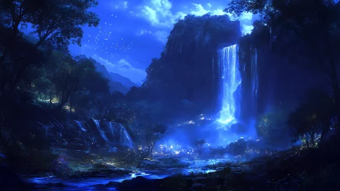 Luminous midnight waterfall in an enchanted forest valley.
