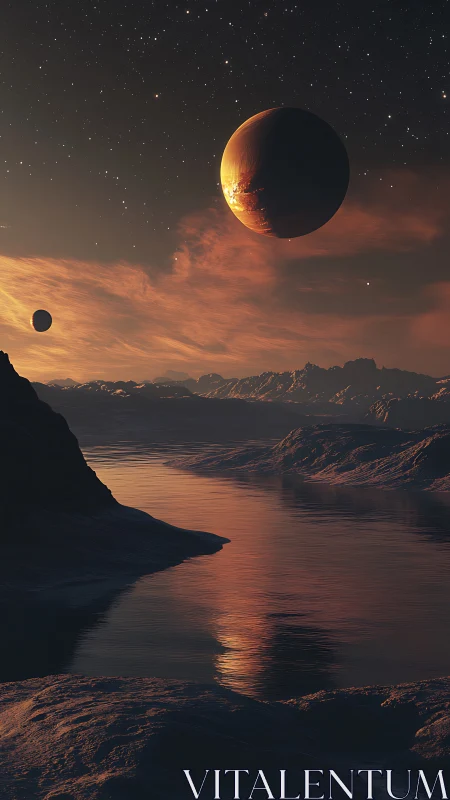 Alien twilight coastline under glowing ringed planet.